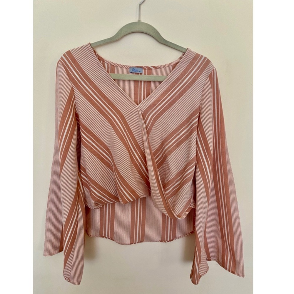 Surplice Striped Bell Sleeve Blouse